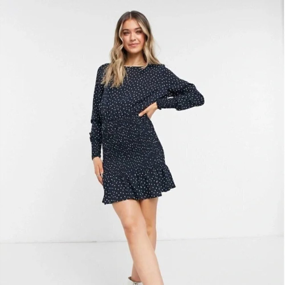 Topshop Shirred Mini Dress In Navy Polka Dot NWT US 4
